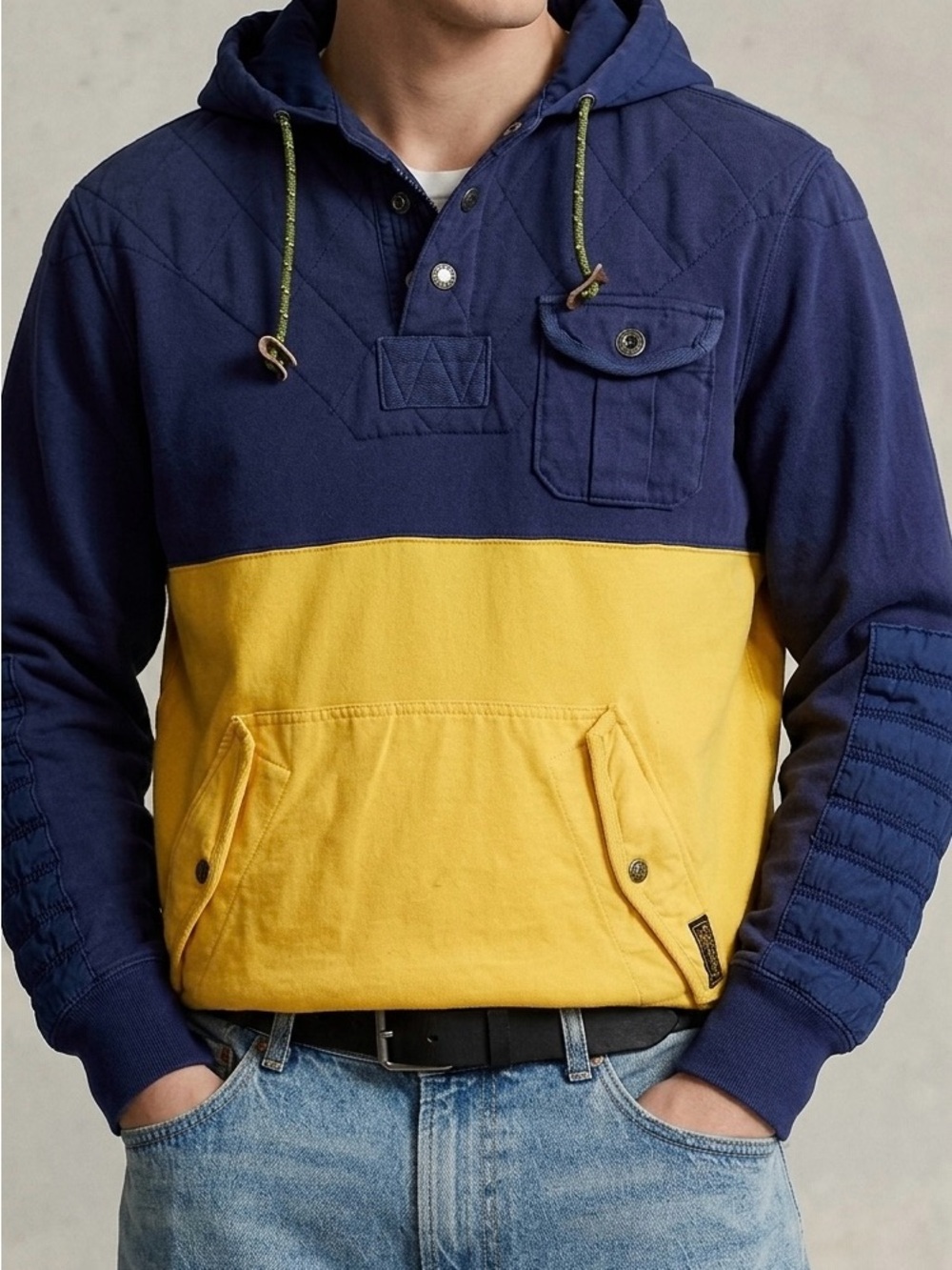POLO RALPH LAUREN Colorblock Quilted Anorak Hoodie Blue Yellow